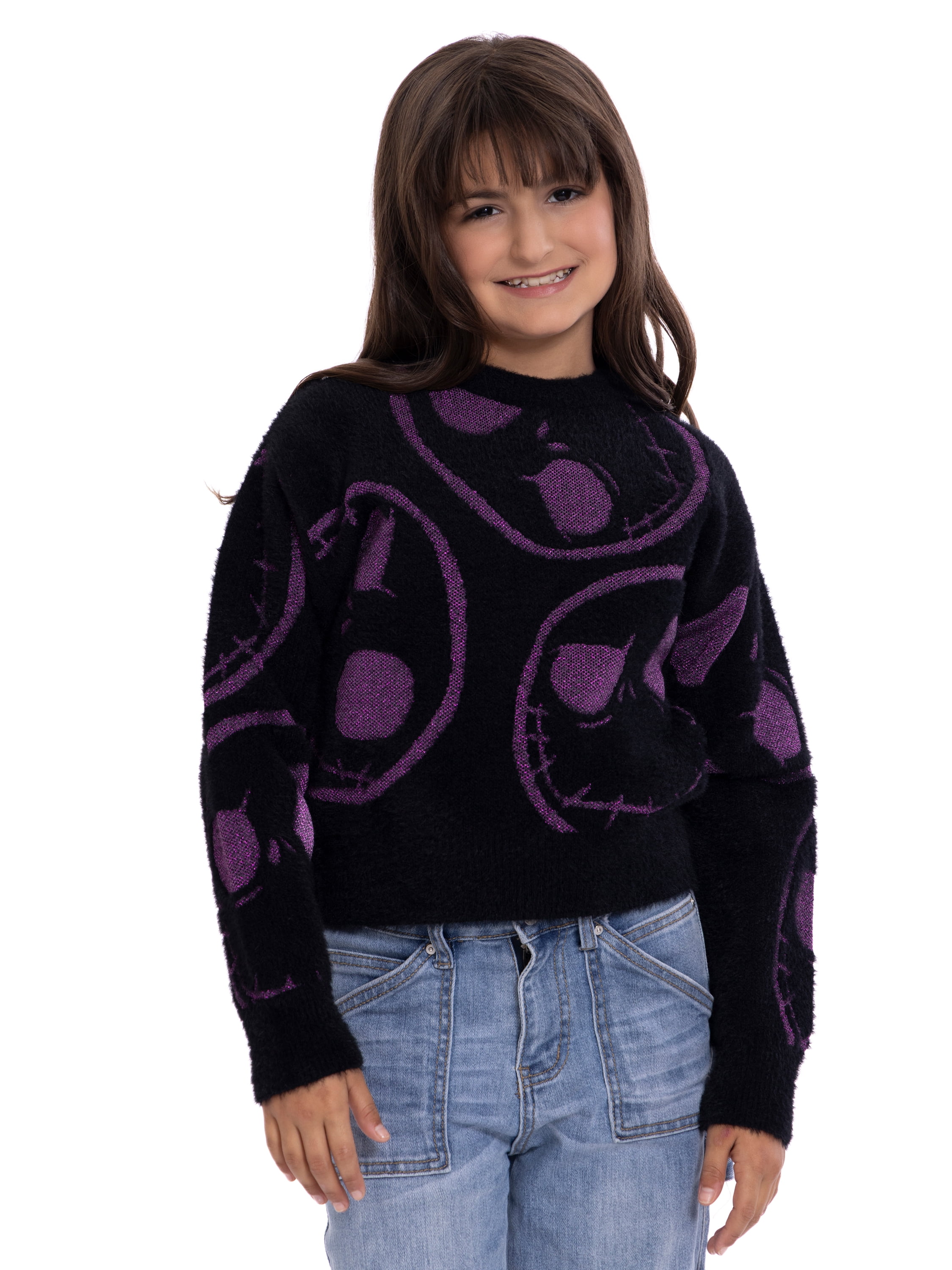 The Nightmare Before Christmas Girls Graphic Eyelash Glitter Sweater, Sizes 4-16