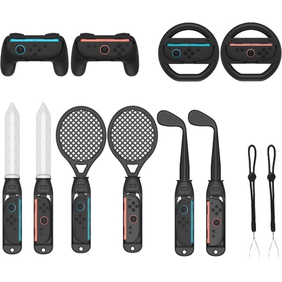 NBCP 18-in-1 Sports Accessories Kit with Tennis Rackets, Golf Clubs, Swords, Steering Wheels for Nintendo Switch 2, Black