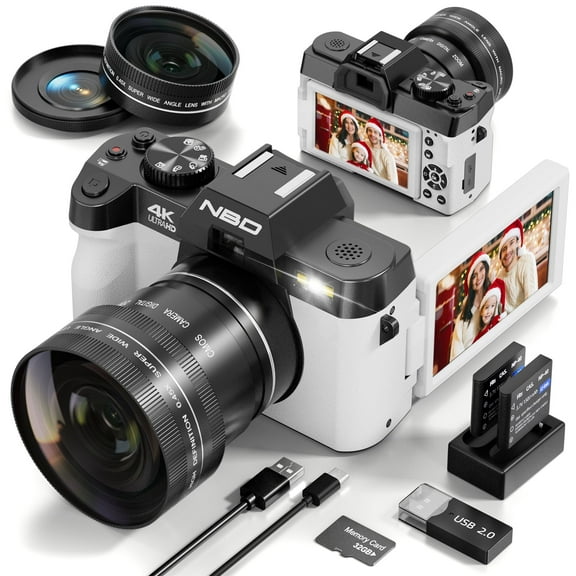 NBD 4K Digital Cameras for Photography,48 MP Autofocus Vlogging Camera with 52mm Wide Angle & Macro Lens,White