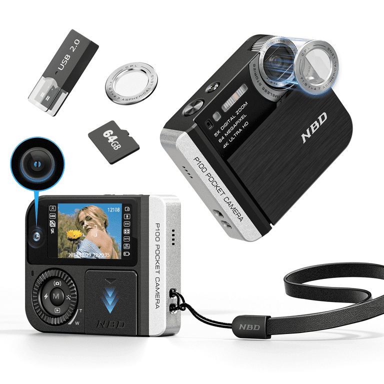 NBD, Pocket Digital Camera, 64MP with Flash, Dual Lens, 5X Zoom