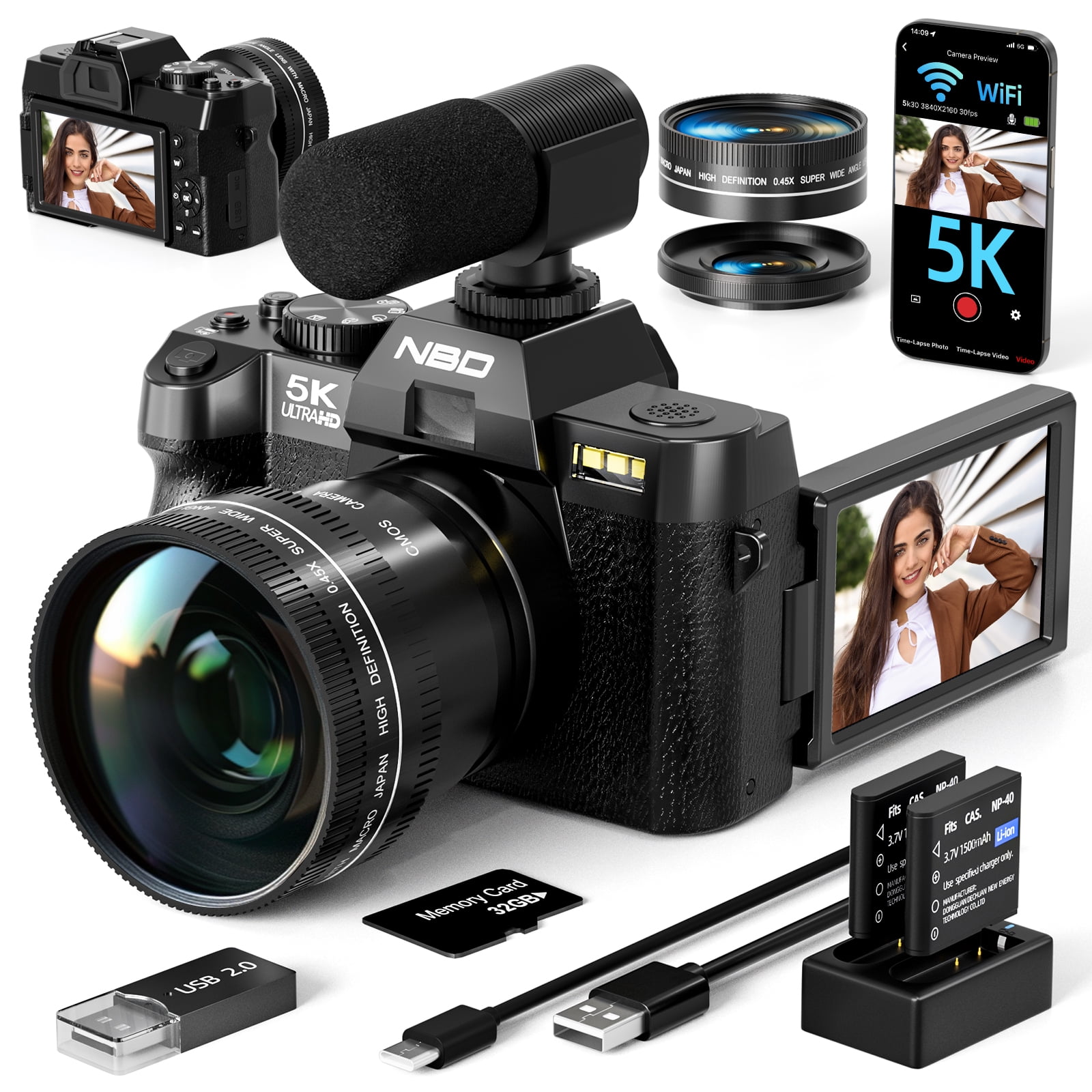 NBD 5K Digital Camera for Photography,48MP Autofocus Vlogging Camera for Youtube with 32GB TF Card