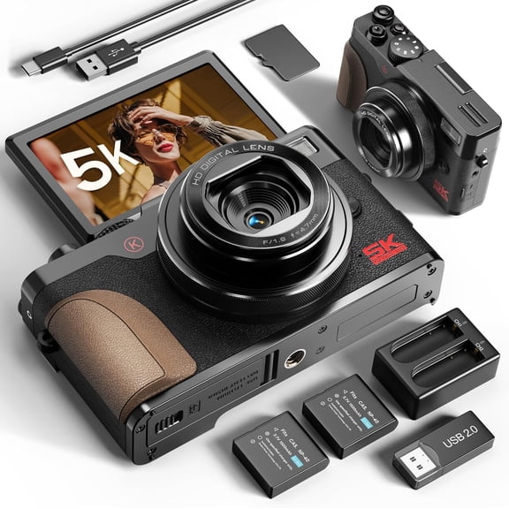 NBD 64MP 5K Autofocus Digital Camera with 180° Flip Screen, 18X Zoom, 3-Inch Screen, Includes 32GB SD Card and 2 Batteries