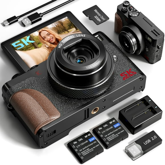 NBD 64MP 5K Autofocus Digital Camera with 180° Flip Screen, 18X Zoom, 3-Inch Screen, Includes 32GB SD Card and 2 Batteries