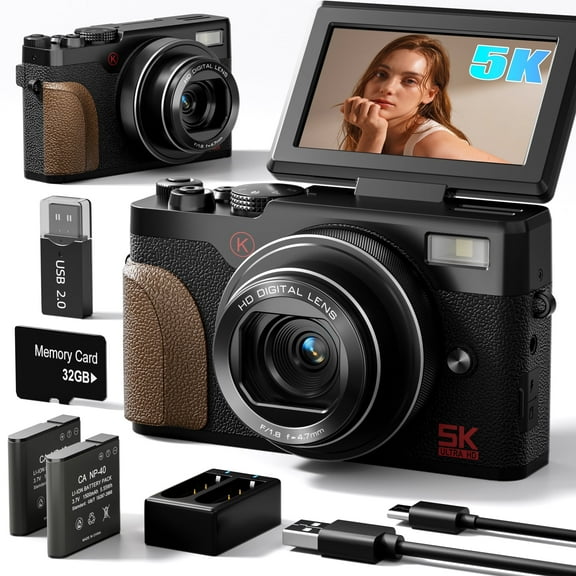 NBD 64MP 5K Autofocus Digital Camera with 180° Flip Screen, 18X Zoom and Anti-Shake – Compact Vlogging and Travel Camera, 3-Inch Screen, Includes 32GB SD Card and 2 Batteries