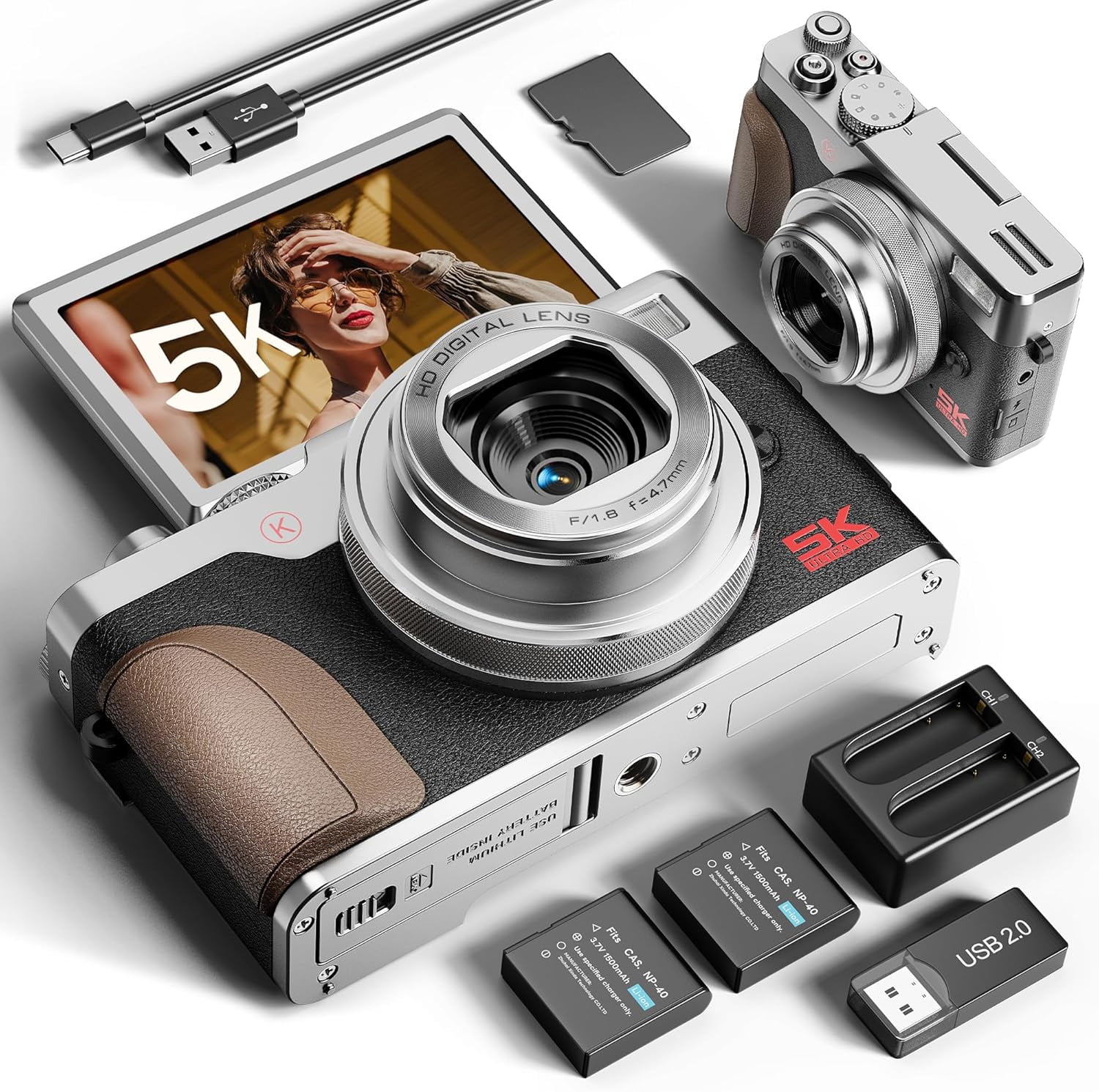 64MP 5K Digital Camera with 180° Flip Screen,18x Digital Zoom