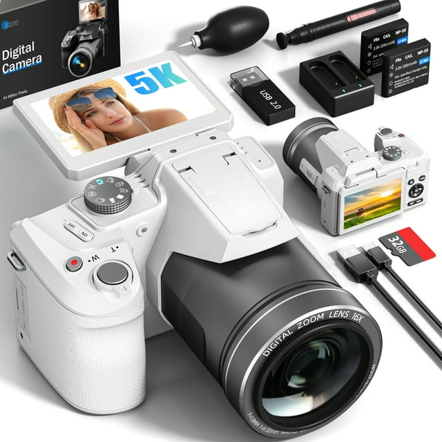 NBD 64MP 5K Autofocus Digital Camera with WiFi and App Control, 16X Zoom, Anti-Shake, and Flash – Compact Vlogging and Travel Camera with SD Card and 2 Batteries