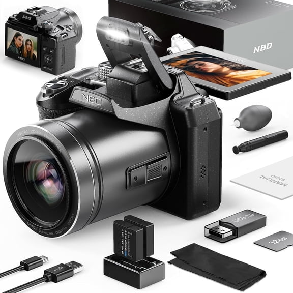 NBD 64MP 5K Autofocus Digital Camera with WiFi and App Control, 16X Zoom, Anti-Shake, and Flash – Compact Vlogging and Travel Camera with SD Card and 2 Batteries