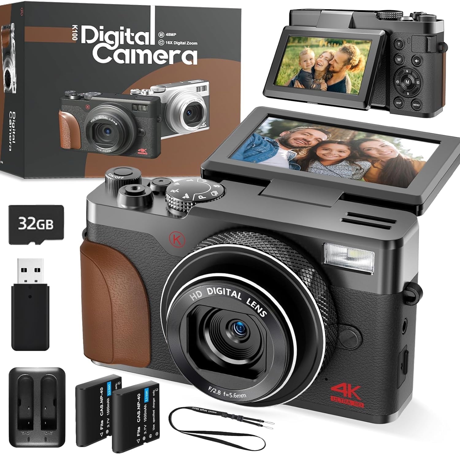 NBD Digital Camera 4K 48MP Vlogging Camera for YouTube,Portable Cameras for  Photography with 32GB SD Card