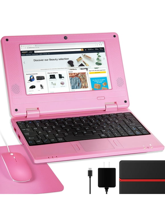 NBD Laptop Computer(7 inch), Quad Core Powered by Android 12.0, Netbook Computer with WiFi, Webcam and Bluetooth, Mini Laptop with Bag, Mouse, and Mouse Pad for Kids（Pink）