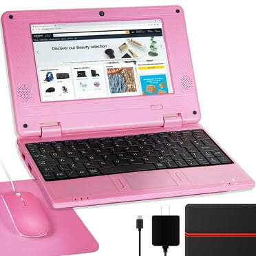 NBD Laptop Computer(7 inch), Quad Core Powered by Android 12.0, Netbook Computer with WiFi, Webcam and Bluetooth, Mini Laptop with Bag, Mouse, and Mouse Pad for Kids（Pink）