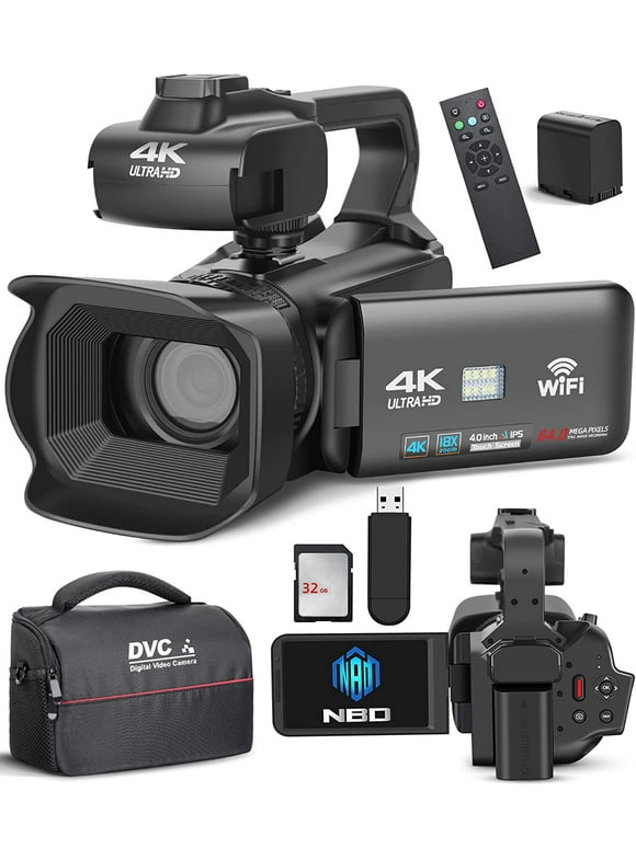 NBD Video Camera, 4K Camcorder 64MP Digital Camera with Manual Focus, 4.0" Touch Screen 18X Digital Zoom Vlogging Camera for YouTube, with WiFi, Remote Control, 32GB SD Card and Batteries