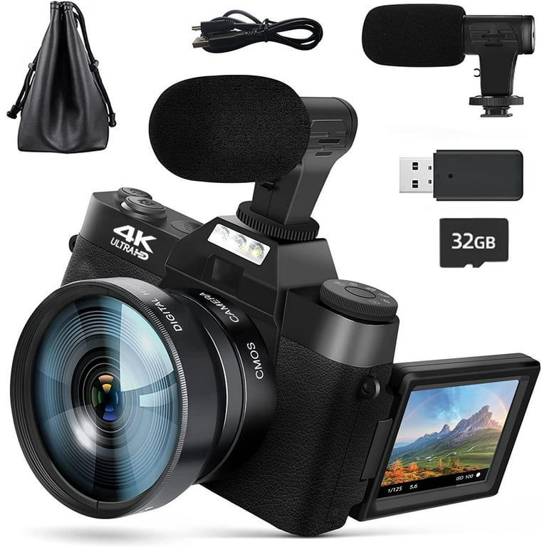 Digital camera for photography and video 4K 48MP video blog camera   with 180° flip screen, 16x digital zoom, 52mm wide angle and macro lens