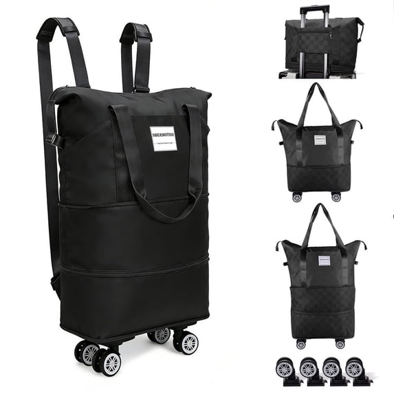 NBERMOTION Expandable Rolling Duffle Bag - Large Carry-On With Spinner Wheels, Foldable Weekend Travel Bag, 28-58L Capacity(Backpack-black)