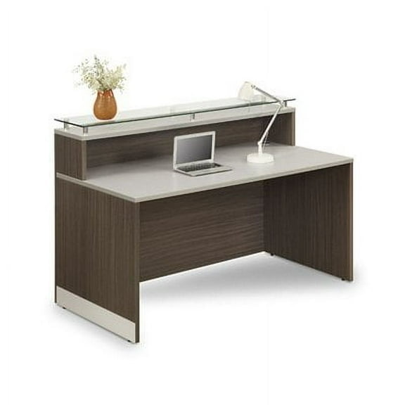 NBF Signature Series Esquire Reception Desk  Glass Top, Driftwood  Silver Laminate Desk 63”Wx32”D