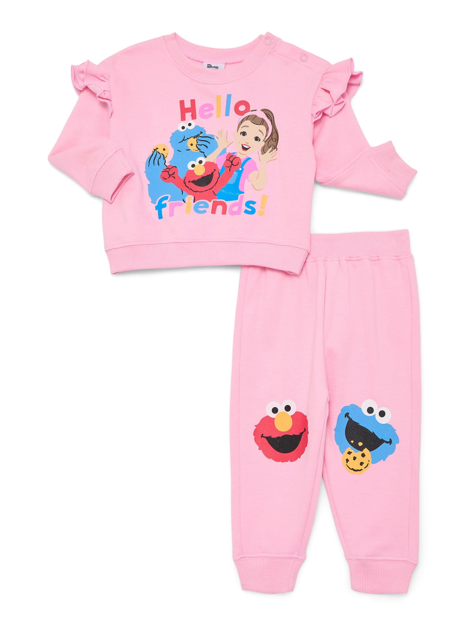 Ms. Rachel and Sesame Street Baby Girls Fleece Crewneck Top and Pants Set, Sizes 0M-24M