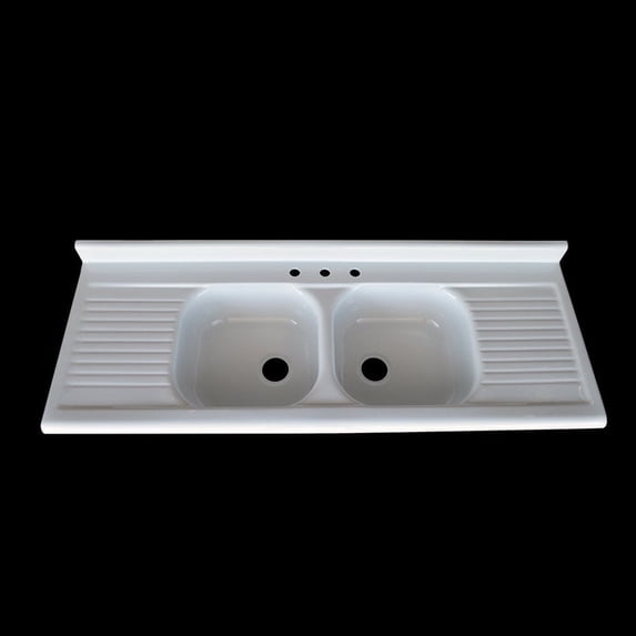 NBI Drainboard Sinks White Reinforced Cast Acrylic 66" x 25" Double Bowl, Double Drainboard Sink