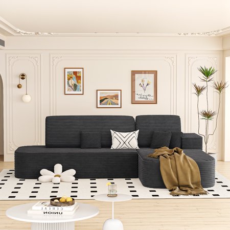 NBLDGT 106'' Compressed Sectional Sofa with Chaise, L-Shaped Modular Velvet Couch with Deep Seats, Curved Cloud Sofa for Living Room, Apartment (Dark Grey, Right Facing Chaise)