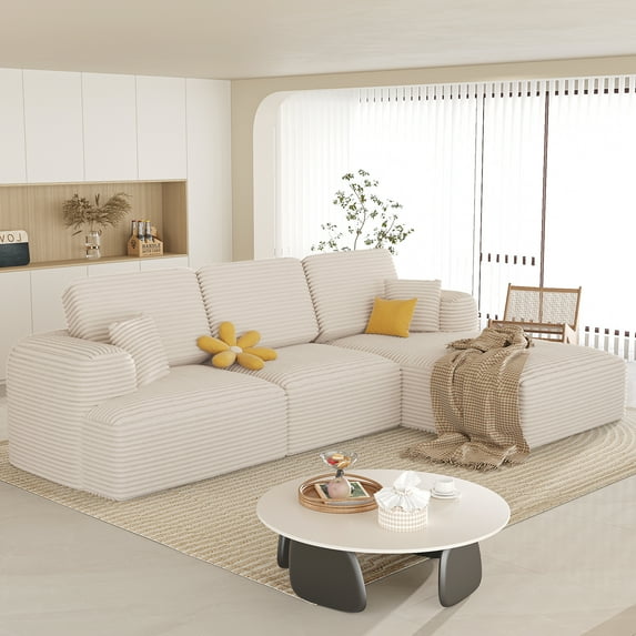 NBLDGT 106\" Modular Sectional Sofa, Deep Seat Boneless Couch, Modern Modular L-Shaped Sofa, Corduroy Couch with Chaise for Living Room and Bedroom, Beige
