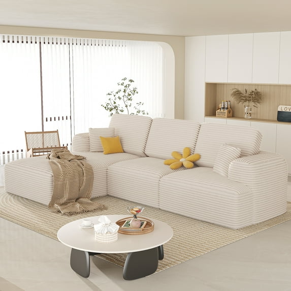 NBLDGT 106\" Modular Sectional Sofa with Right Chaise, Corduroy L-Shaped Couch with Deep Seat, Convertible Upholstered Couches for Living Room, Apartment, Bedroom, Beige