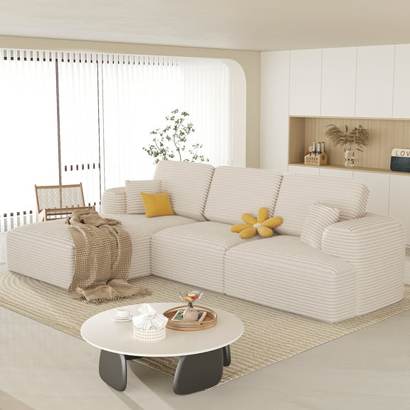 NBLDGT 106" Modular Sectional Sofa with Right Chaise, Corduroy L-Shaped Couch with Deep Seat, Convertible Upholstered Couches for Living Room, Apartment, Bedroom, Beige