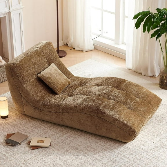 NBLDGT Chaise Lounge Chair for Living Room, Modern Upholstered Recliner Sofa, Tufted Velvet Accent Lounger with Curved Back, Comfortable Lazy Chair for Bedroom, Apartment (Brown)