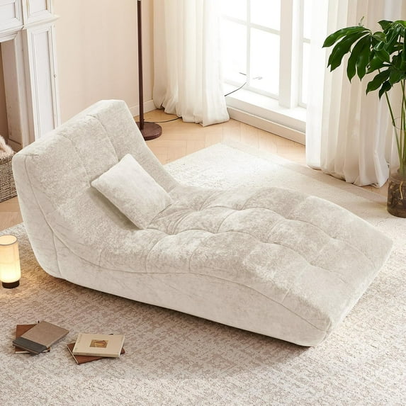 NBLDGT Chaise Lounge Chair for Living Room, Modern Upholstered Recliner Sofa, Tufted Velvet Accent Lounger with Curved Back, Comfortable Lazy Chair for Bedroom, Apartment (Beige)