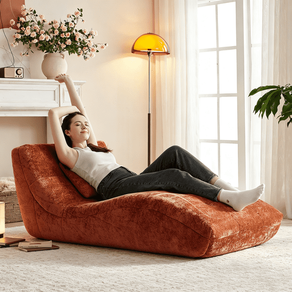 NBLDGT Chaise Lounge Indoor Furniture,Velvet Ergonomic Foam Lounge Chair with Pillow,Living Room Bedroom Sleeper Couch Sofa, No Assembly,Stretching & Relaxation,Orange