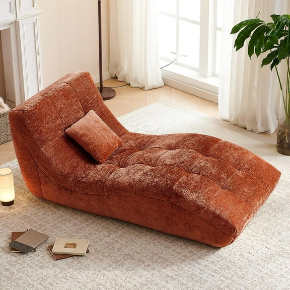NBLDGT Chaise Lounge Chair for Living Room, Modern Upholstered Recliner Sofa, Tufted Velvet Accent Lounger with Curved Back, Comfortable Lazy Chair for Bedroom, Apartment (Orange)