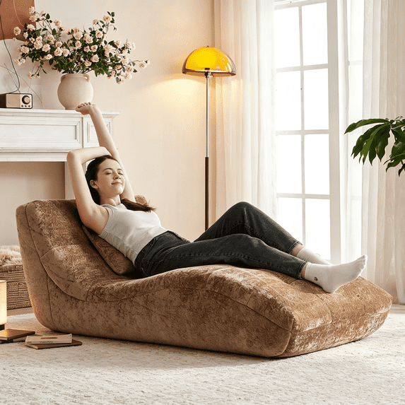 NBLDGT Chaise Lounge Indoor Furniture,Velvet Ergonomic Foam Lounge Chair with Pillow,Living Room Bedroom Sleeper Couch Sofa, No Assembly,Stretching & Relaxation,Brown