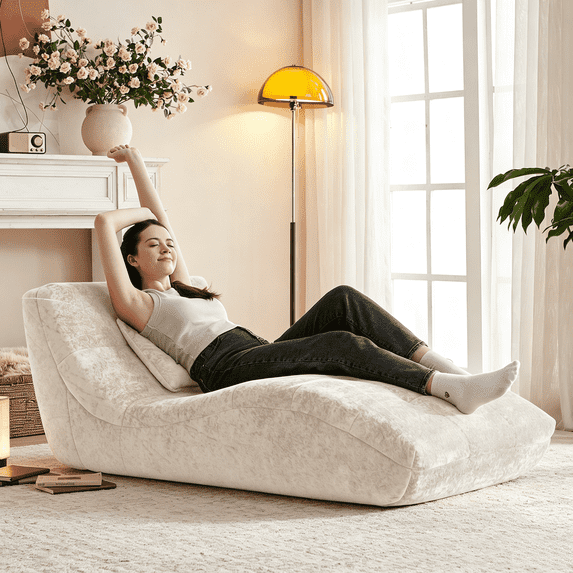 NBLDGT Chaise Lounge Indoor Furniture, Velvet Ergonomic Foam Lounge Chair with Pillow,Living Room Bedroom Sleeper Couch Sofa, No Assembly,Stretching & Relaxation,Beige