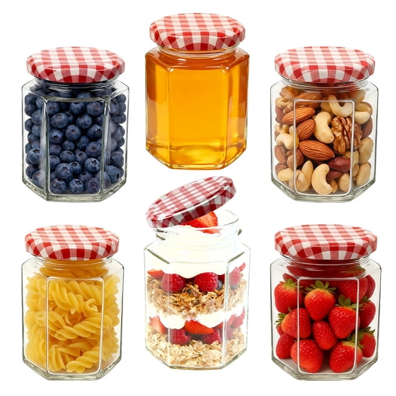 NBOUOU Glass Jam Jars with Lids, 6 Pack Hexagonal Preserving Jars 280ml/9oz