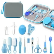 NBPOWER 14Pcs Baby Grooming Kit, Food Grade Silicone Material Newborn Essentials, Portable Newborn Safety Care Set with Nail Clipper, Hair Brush, Ear Cleaner, Nasal Aspirator for Baby Girl Boys, Blue