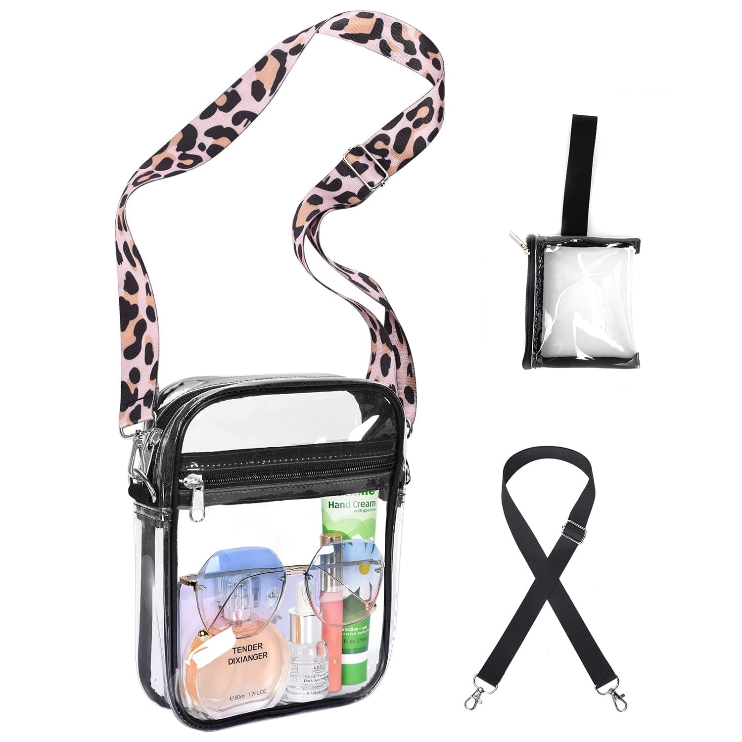 NBPOWER Clear Bag Stadium Approved, Leopard Shoulder Strap and Transparent  Crossbody Bag for Women, Clear Handbags with Interchangeable Shoulder Strap,  for Concert Sports Events & Amusement Park 