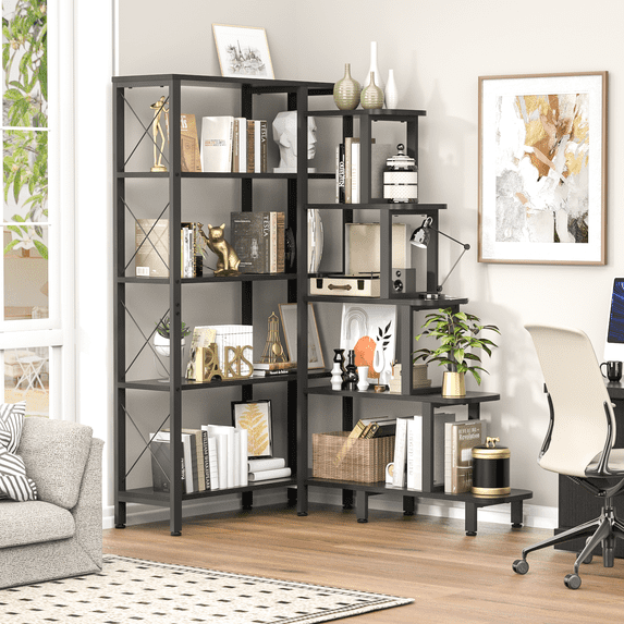 NBTiger 5- Shelf Study Corner Bookshelf, L-Shaped Large Reversible Bookcase Storage Organizer Open Display Freestanding Storage, Black