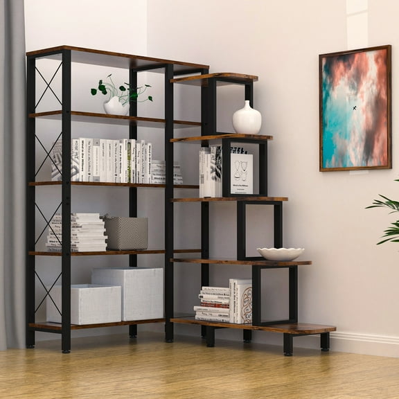 NBTiger 5- Shelf Study Corner Bookshelf,  L-Shaped Large Reversible Bookcase Storage Organizer Open Display Freestanding Storage, Brown
