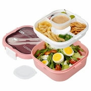 NBW Salad Container to Go, 41-oz Bento Lunch Box with Salad Dressing Container, Built-in Utensil, Leak-Proof, Pink