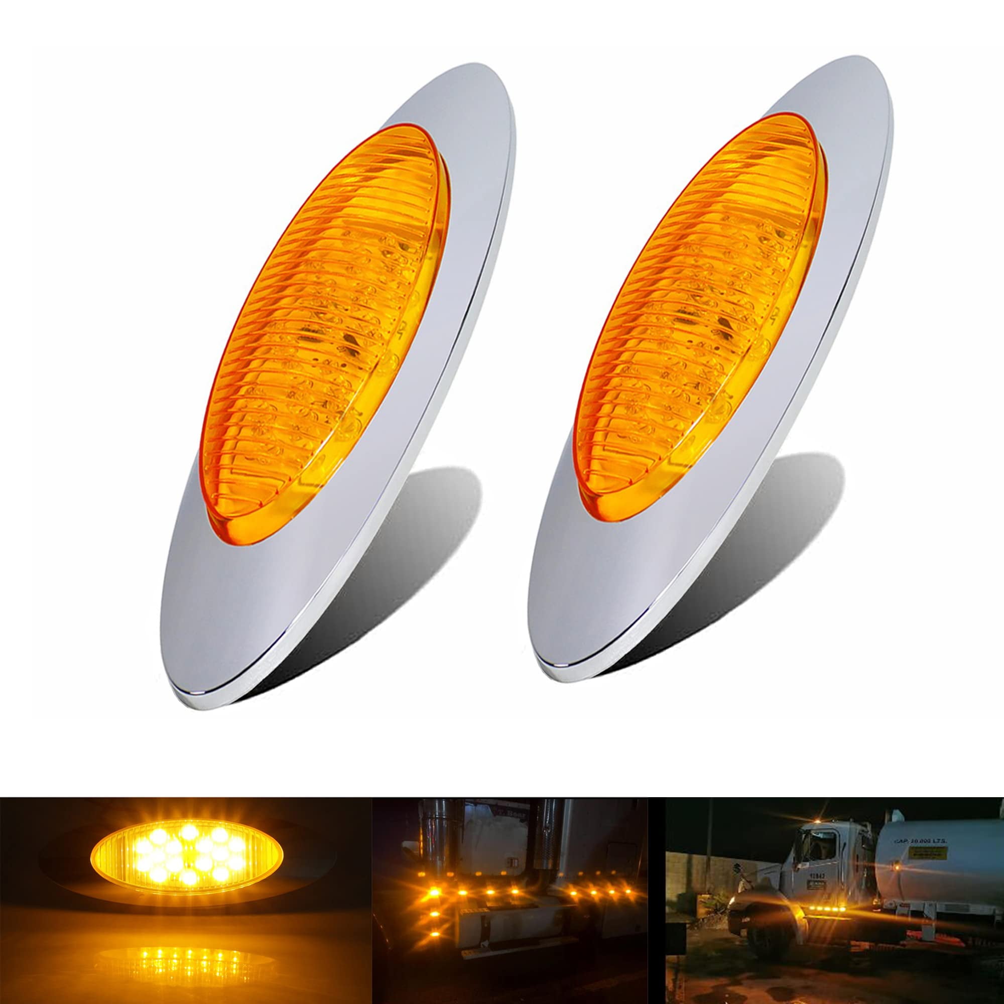 2Pcs Amber LED Oval Side Marker Lights - 6-5/8 Inch, Chrome Bezel, 6 LEDs, For Peterbilt Kenworth Freightliner Trucks