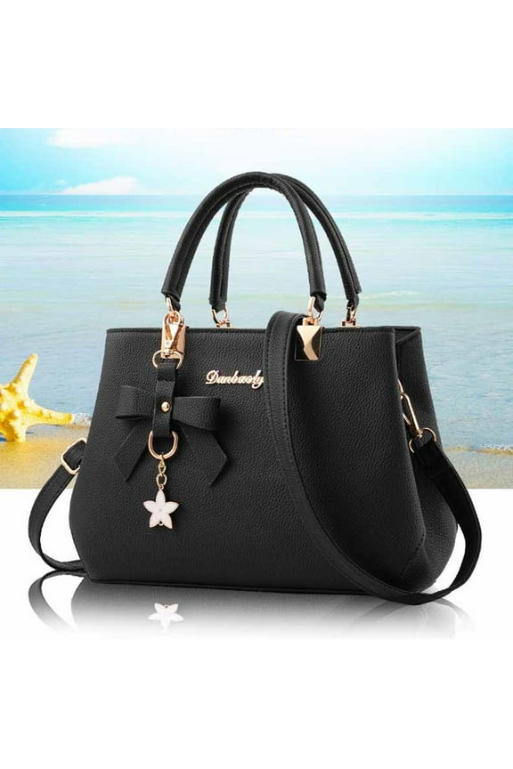 Women's PU Leather Solid Print Bow Tote Crossbody Handbag, Black