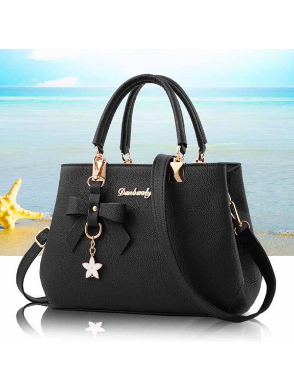 Women's PU Leather Solid Print Bow Tote Crossbody Handbag, Black