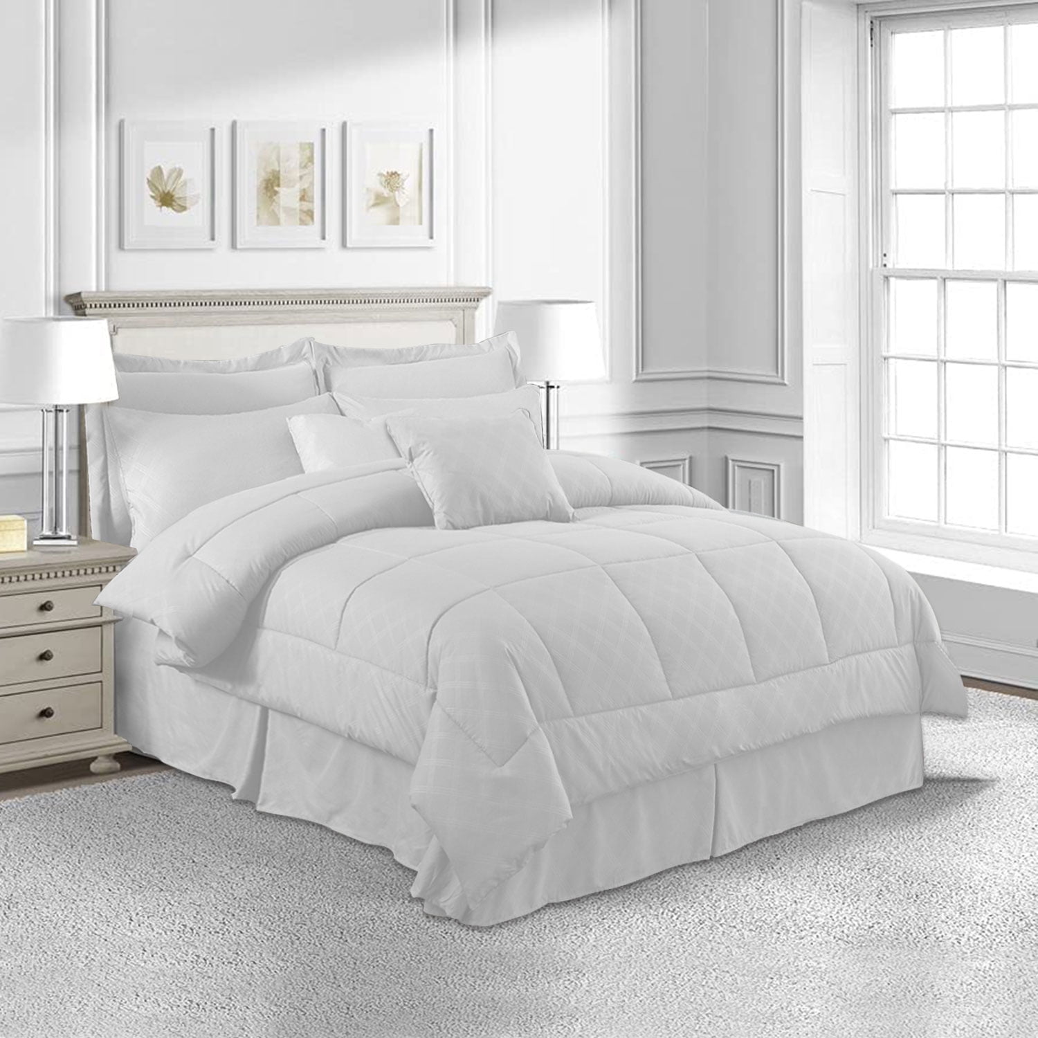 NC 10 Piece Bed in a Bag King Size Comforter Set Bedding Set, Plaid Pattern, White