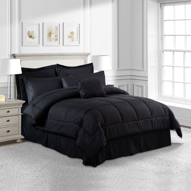 NC 10 Piece Bed in a Bag Queen Size Comforter Set Bedding Set, Plaid Pattern, Black