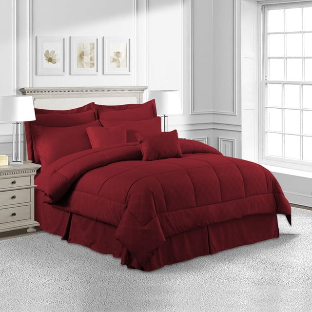 NC 10 Piece Bed in a Bag Queen Size Comforter Set Bedding Set, Plaid Pattern, Burgundy