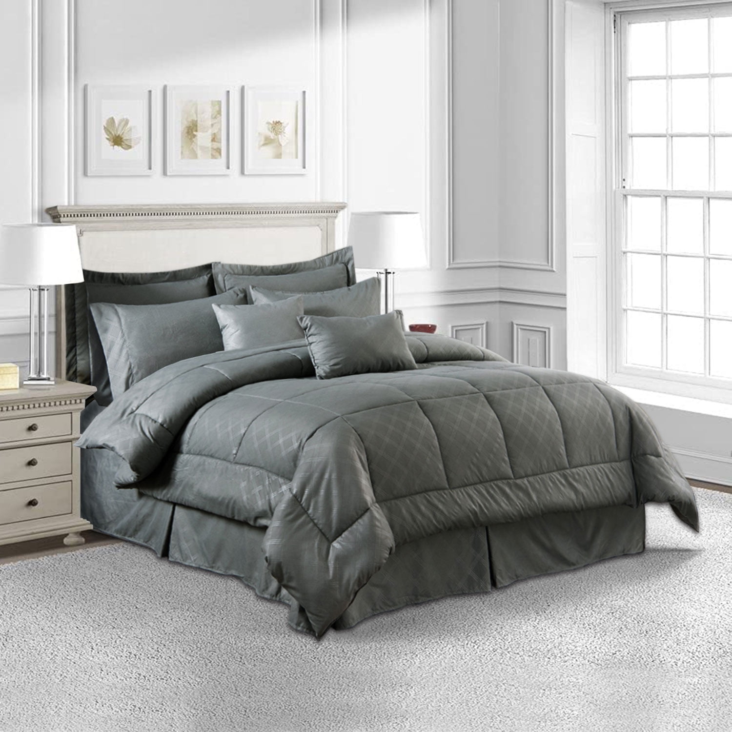 NC 10 Piece Bed in a Bag Queen Size Comforter Set Bedding Set, Plaid Pattern, Grey