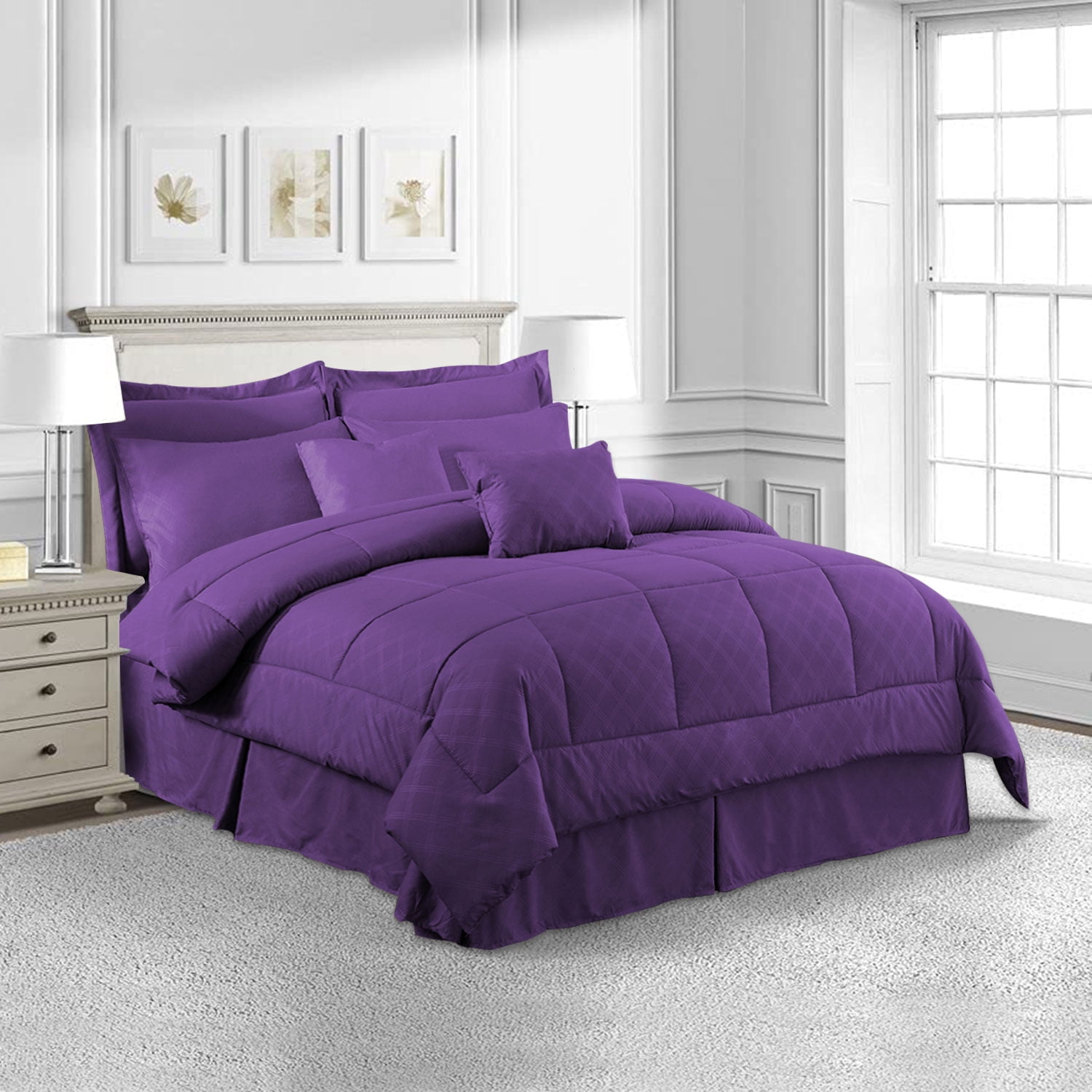 NC 10 Piece Bed in a Bag Queen Size Comforter Set Bedding Set, Plaid Pattern, Purple