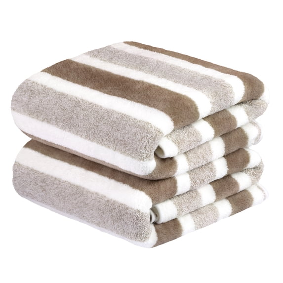 NC 2 Piece Bath Towel Set, Double Stripe Microfiber Soft Fast Drying Towels, Brown