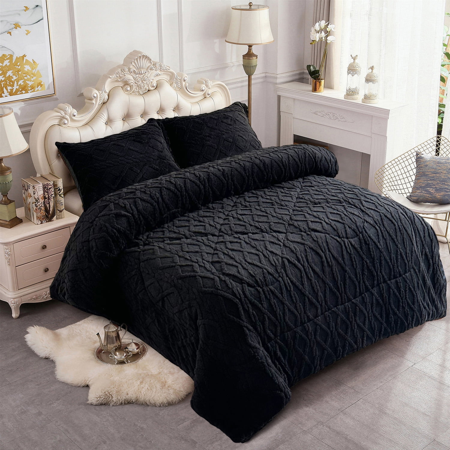 NC 3 Piece Sherpa Blanket,Winter Warm 3 Ply Borrego Fleece Blanket,King 79"x 91",Black