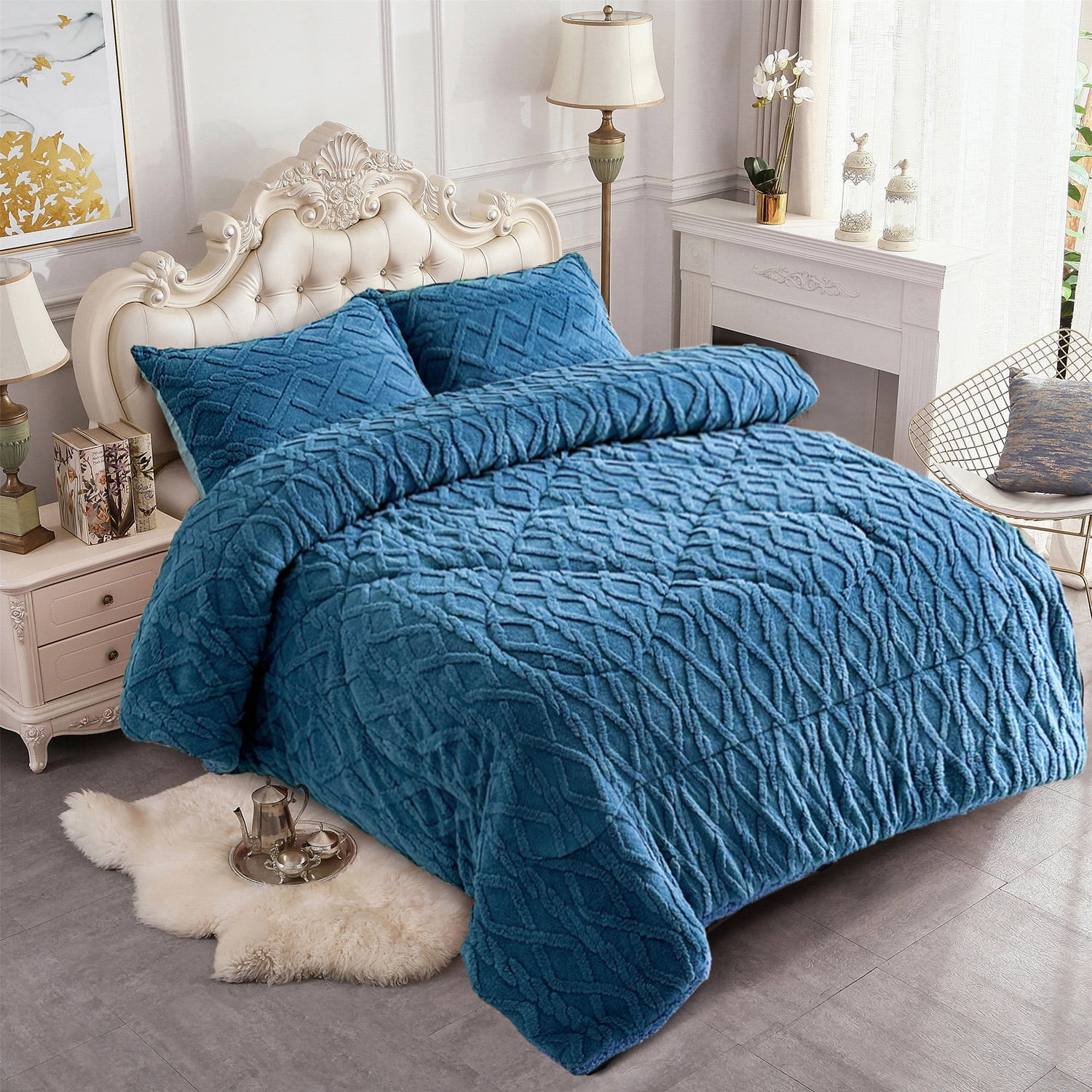 NC 3 Piece Sherpa Blanket,Winter Warm 3 Ply Borrego Fleece Blanket,King 79"x 91",Blue