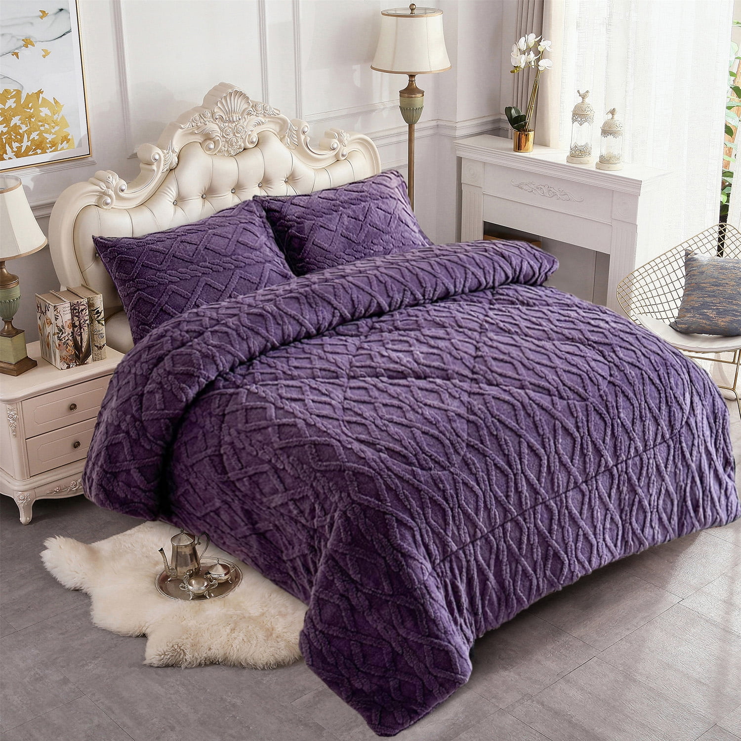 NC 3 Piece Sherpa Blanket,Winter Warm 3 Ply Borrego Fleece Blanket,Queen 75"x83",Purple
