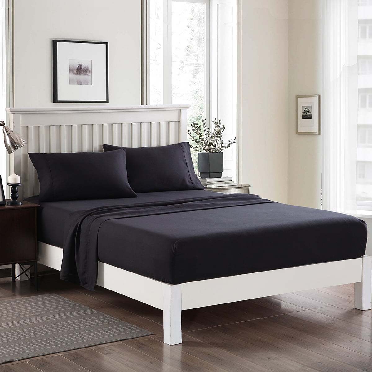 JML Bedding Queen Bed Sheets Set - 4 Piece Bedding - Brushed Microfiber 100% Polyester - Shrinkage and Fade Resistant - Easy Care (Queen, Black)