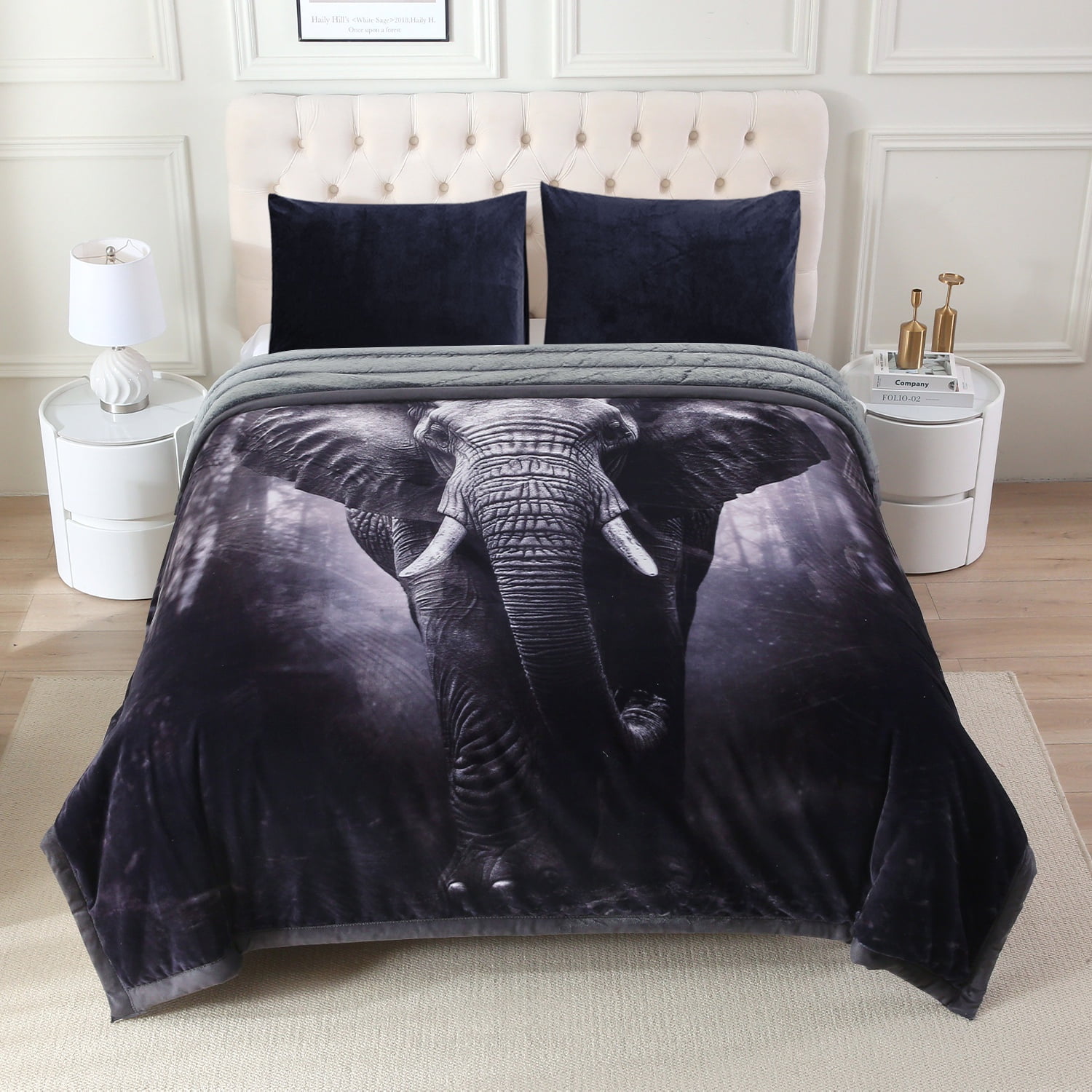 NC Faux Fur & Warm Fleece Blanket King Size 85"x93", A & B Printed Patterns 3-Ply Heavy Thick Microfiber Plush Blanket 8.5LB, Elephant & Dark Green
